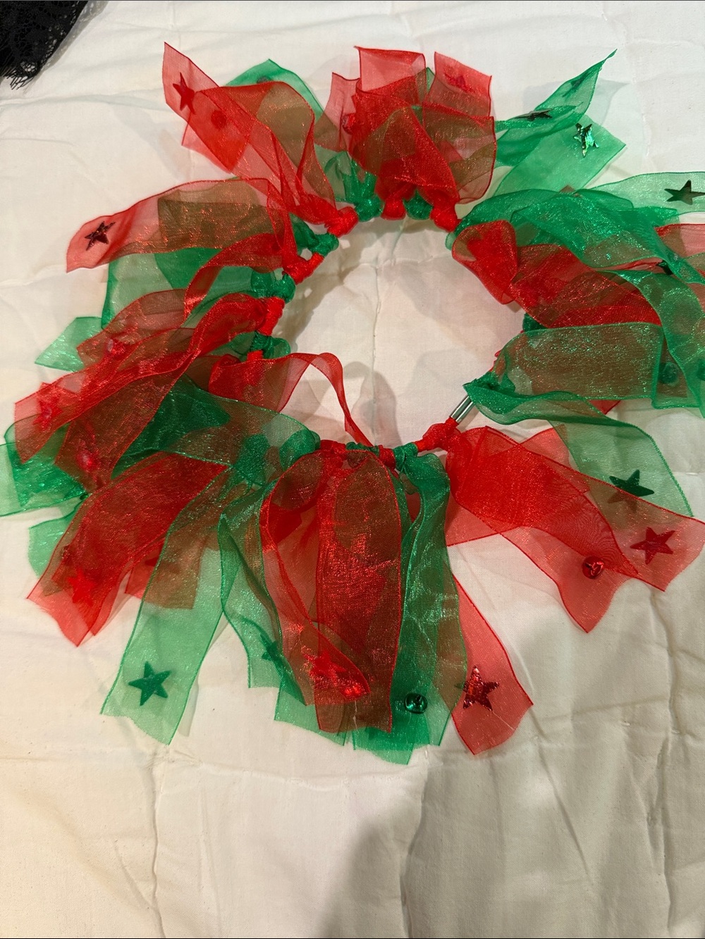 Festive Red & Green Sheer Ribbon Wreath for small dog